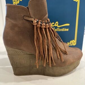 Sbicca Tan Fringe Wedge Boots